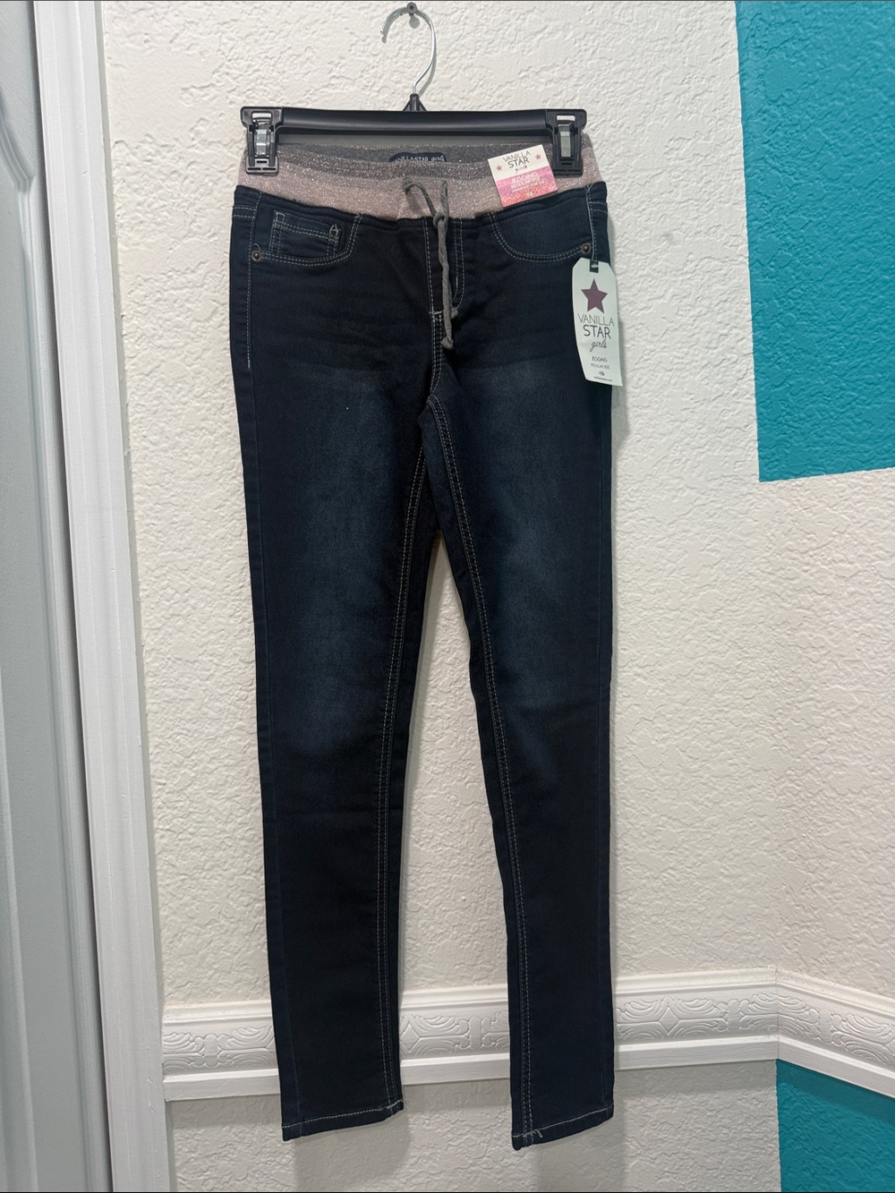 Vanilla Star Dark Wash Pull-On Jeggings with Pink Stretch Waistband